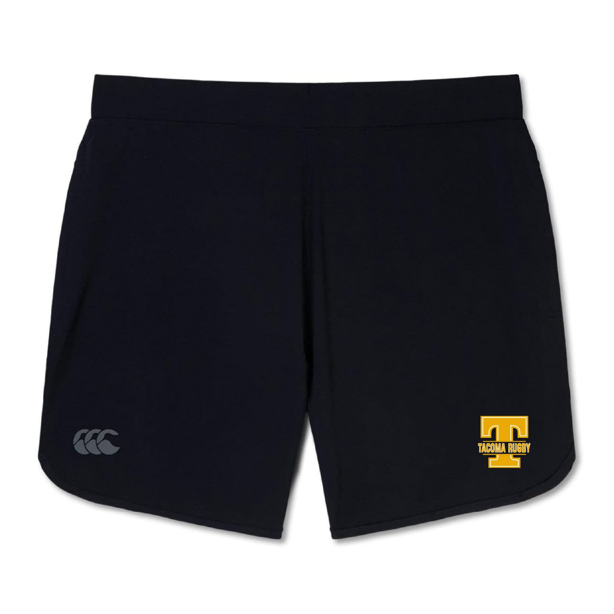 The Tacoma Tsunami Rugby Elite Woven Short by EMB Canterbury features a Canterbury logo on the left leg, a yellow "Tacoma Rugby" emblem with a large "T" on the right leg, and zippered pockets for secure storage during training.