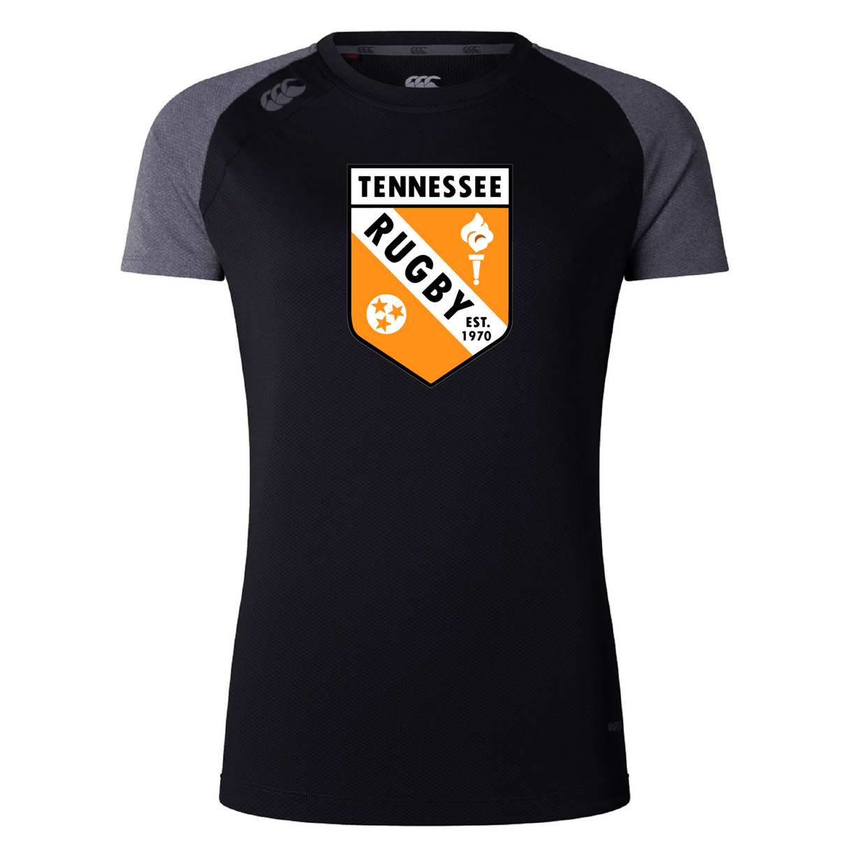 The WRS Canterbury University of Tennessee Women's Elite Training Tee features black and gray short sleeves with a bold "Tennessee Rugby" crest and "Est. 1970" on the front—perfect for comfort and style in any workout.