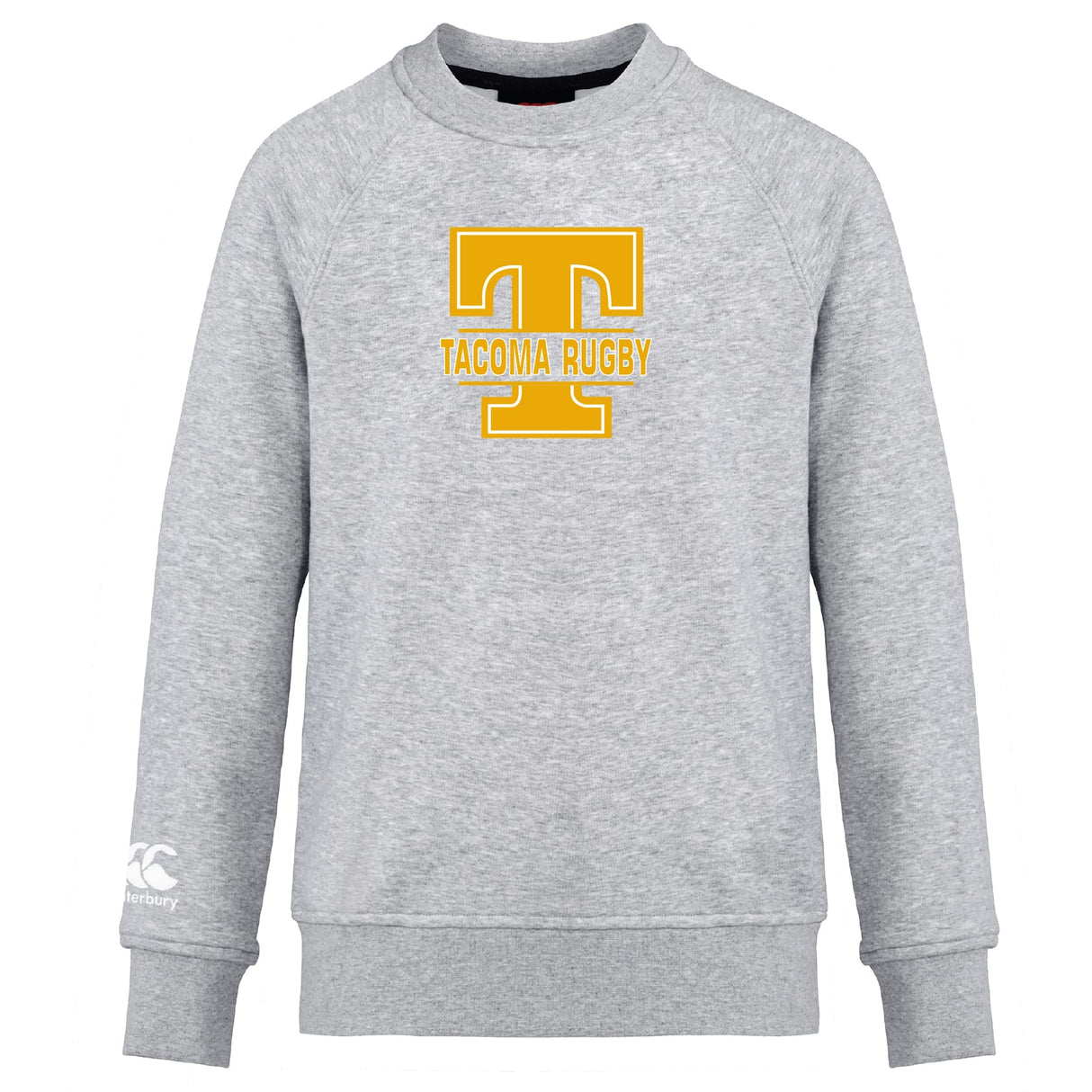 The Tacoma Tsunami Rugby Club Crew Sweatshirt by WRS Canterbury is a gray, ultra-soft top featuring "Tacoma Rugby" and a bold yellow "T" on the front, plus an embroidered CCC logo on the left sleeve.