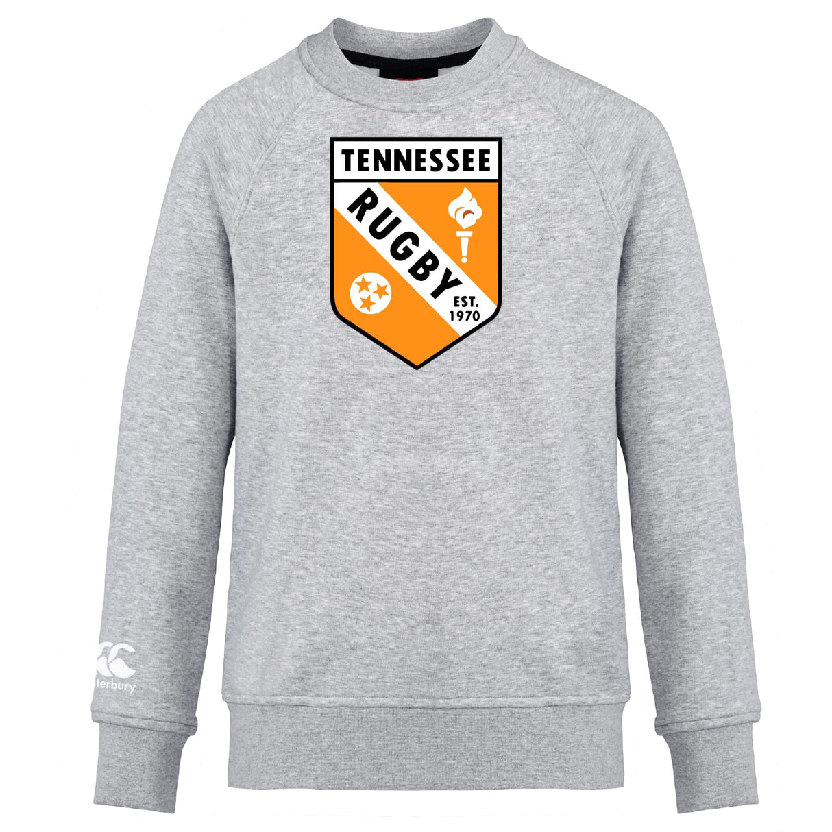 The University of Tennessee Club Crew Sweatshirt by WRS Canterbury features a light gray design with "Tennessee Rugby Est. 1970" in black, orange, and white on the front and an embroidered CCC logo, offering ultra-soft comfort and classic style.