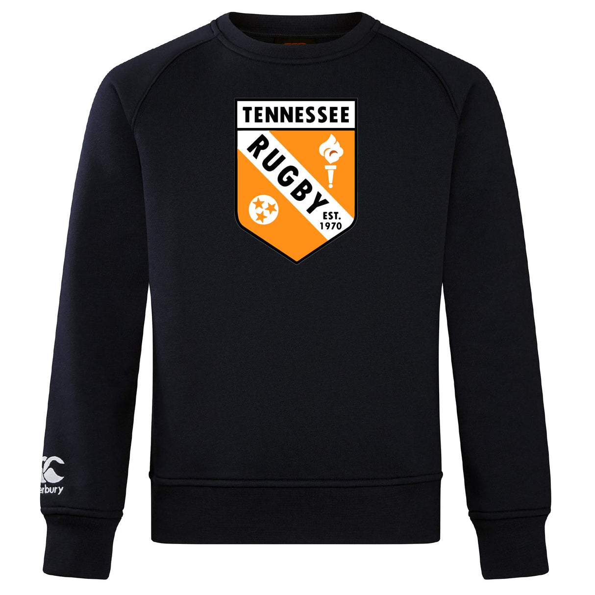The University of Tennessee Club Crew Sweatshirt by Canterbury in black features a large "Tennessee Rugby" crest with torch, star, and "EST. 1970" on the front, plus an embroidered WRS Canterbury logo on the left sleeve.