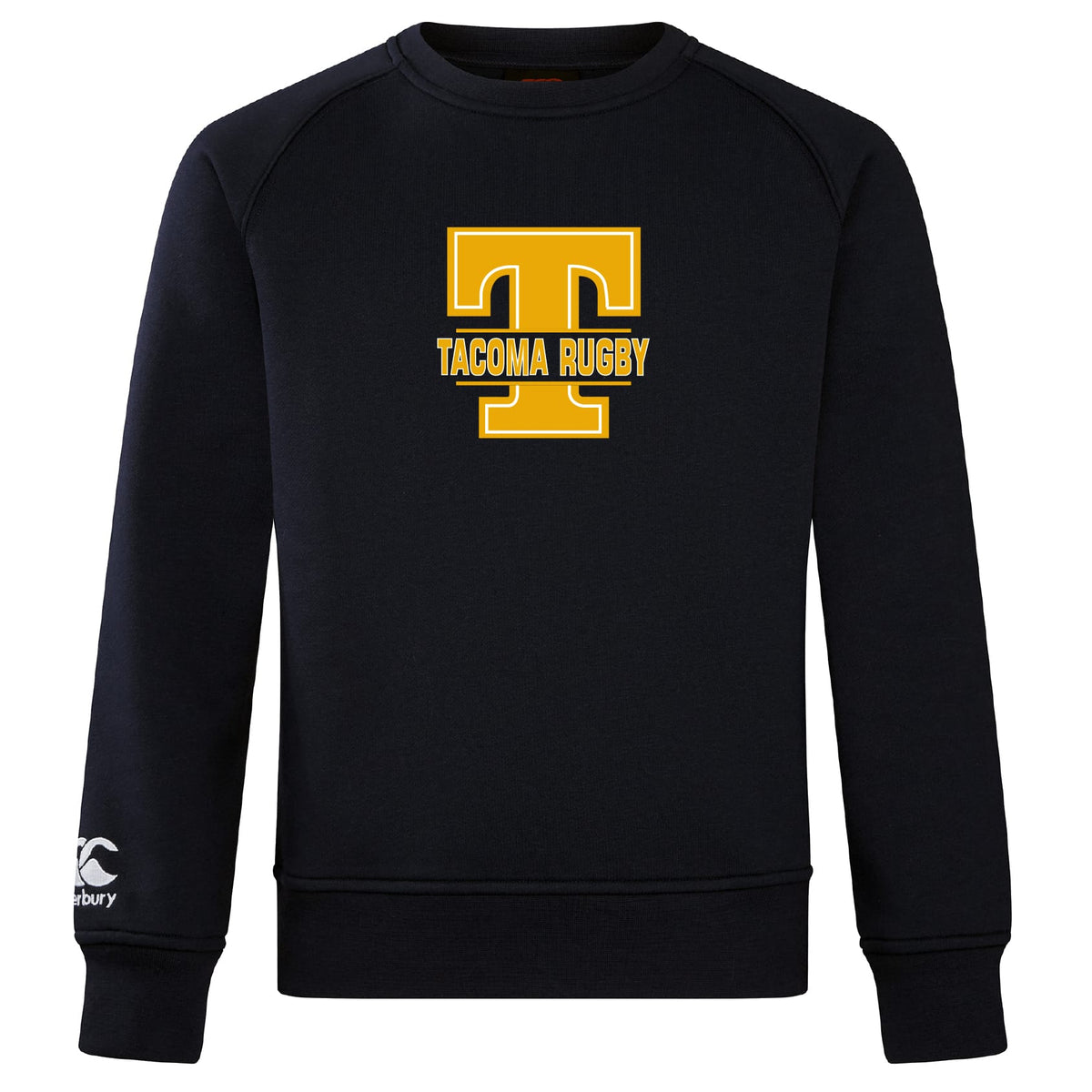 The Tacoma Tsunami Rugby Club Crew Sweatshirt by WRS Canterbury features a large yellow "T" and "Tacoma Rugby" text on black, an ultra soft feel, and a small embroidered CCC logo on the left sleeve.
