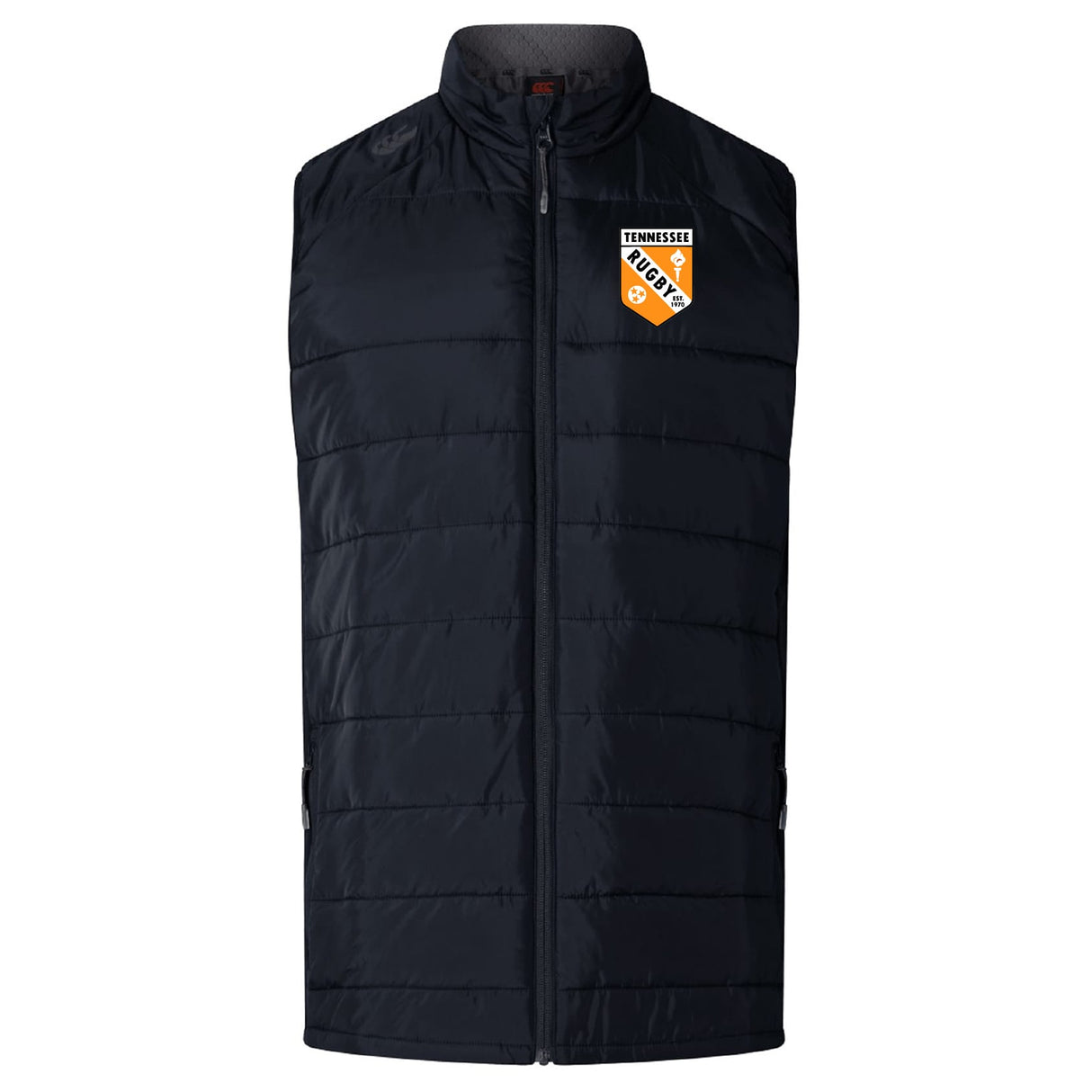 The EMB Canterbury University of Tennessee Women's Elite Microlite Gilet features black quilted insulation, a front zipper, and the Tennessee Rugby Club logo on the left chest.