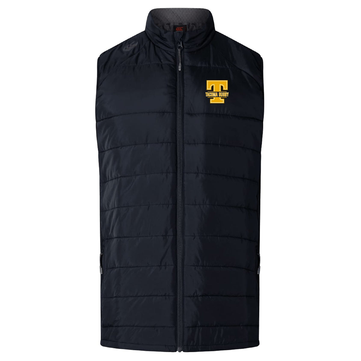The EMB Canterbury Tacoma Tsunami Rugby Elite Microlite Gilet is a black quilted insulated vest with a yellow "T" and "TOWSON ROWY" logo on the left chest, zip front, and side pockets.