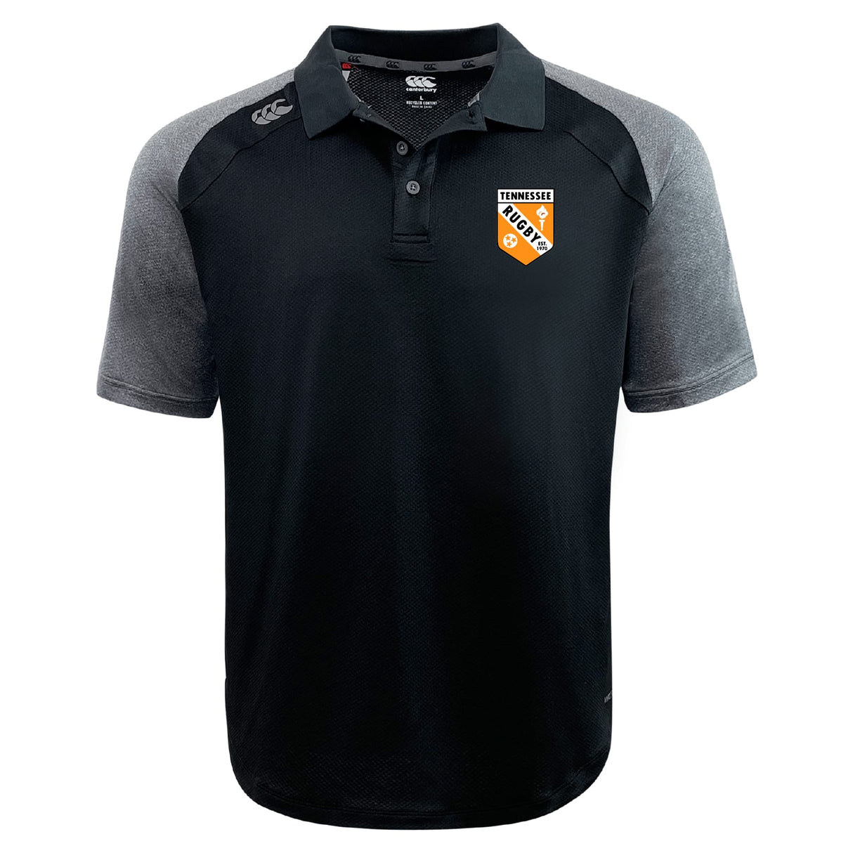 The University of Tennessee Elite Polo by EMB Canterbury is a black and gray short-sleeve polo featuring the "Tennessee Rugby" logo on the chest and Canterbury's logo on the right shoulder. Crafted with Vapodri fabric for lightweight comfort.