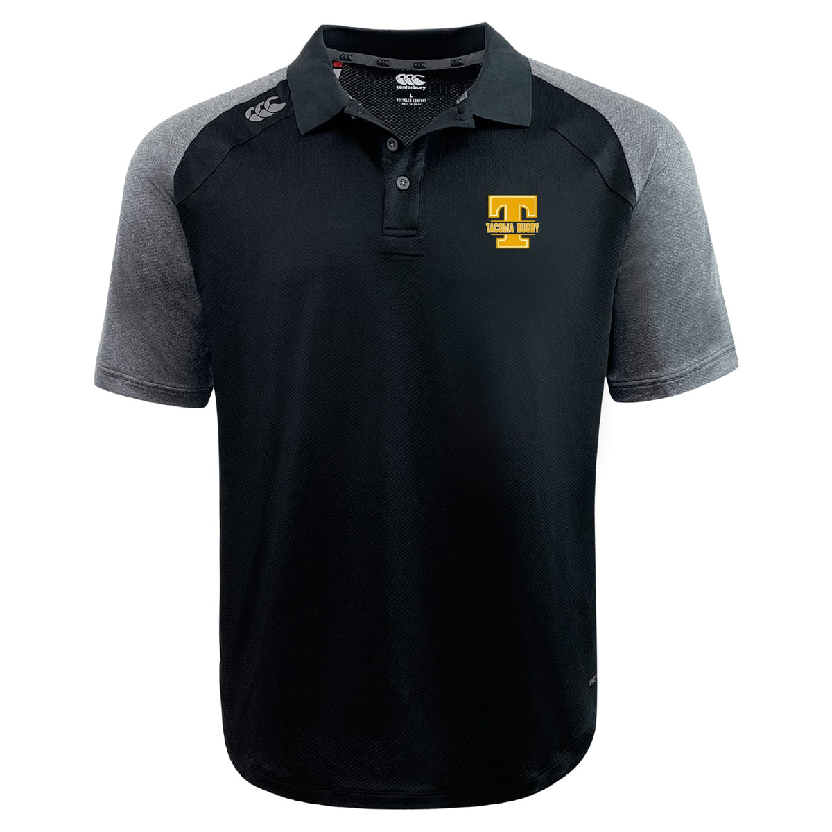 The Tacoma Tsunami Rugby Elite Polo by EMB Canterbury is a black and gray short-sleeve polo with a yellow "T" logo and "TIGAWA RUGBY" on the chest, made from Vapodri fabrics for lightweight comfort.