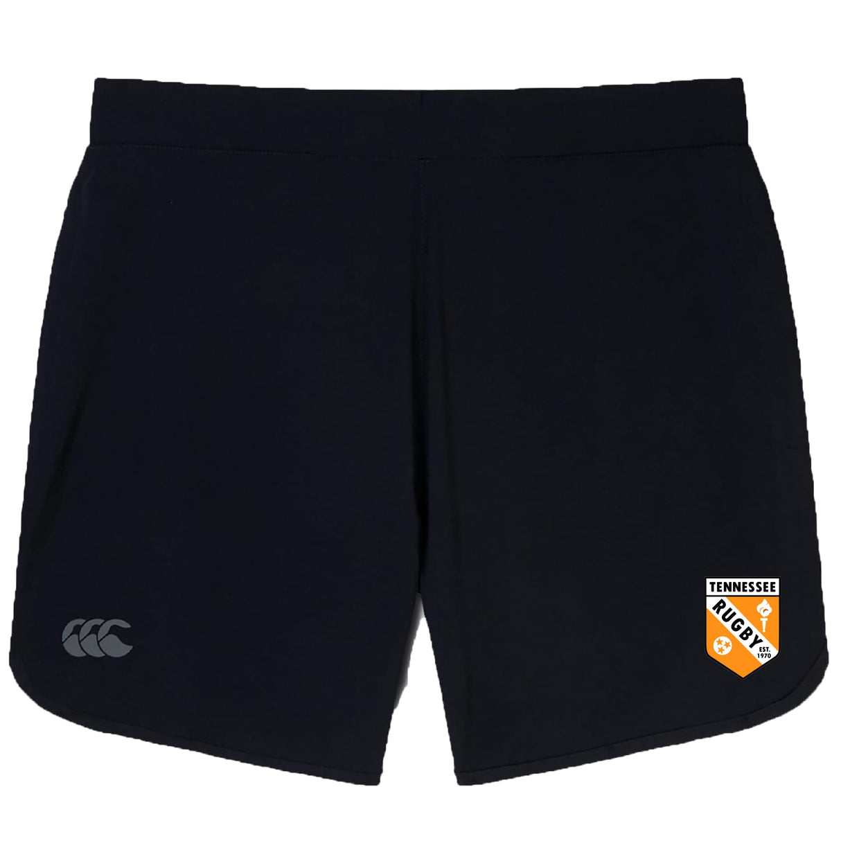 The University of Tennessee Elite Woven Short by EMB Canterbury features a subtle Canterbury logo on the left leg, a Tennessee Rugby shield on the right, and zippered pockets for secure storage during training.