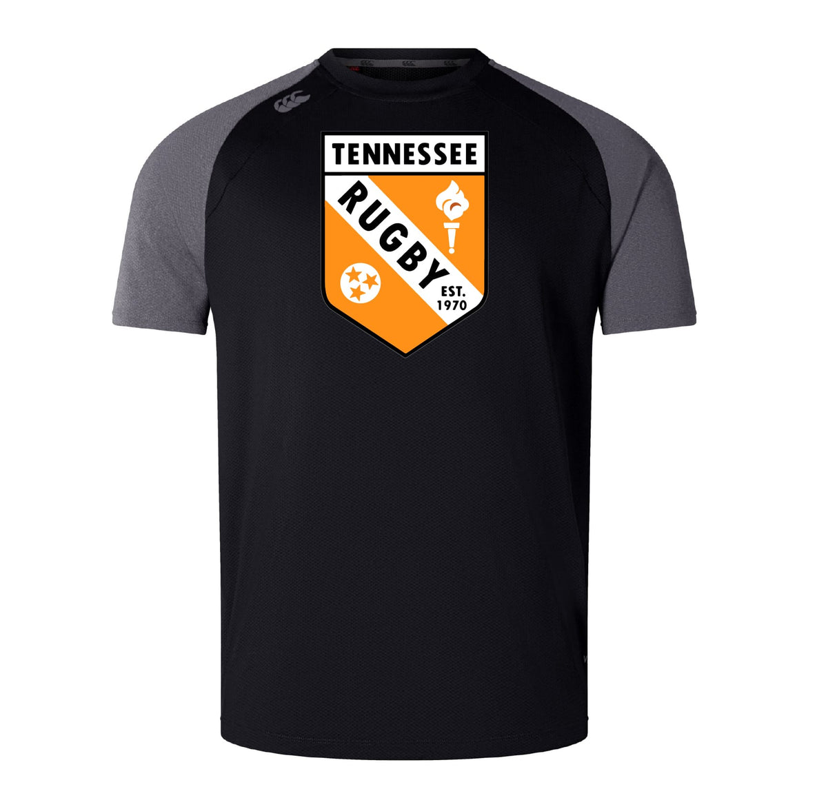 The University of Tennessee Elite Training Tee by WRS Canterbury features black and gray short sleeves, a large "Tennessee Rugby" crest with two stars, a torch, "Est. 1970," and lightweight, durable Vapodri fabric for comfort on and off the field.