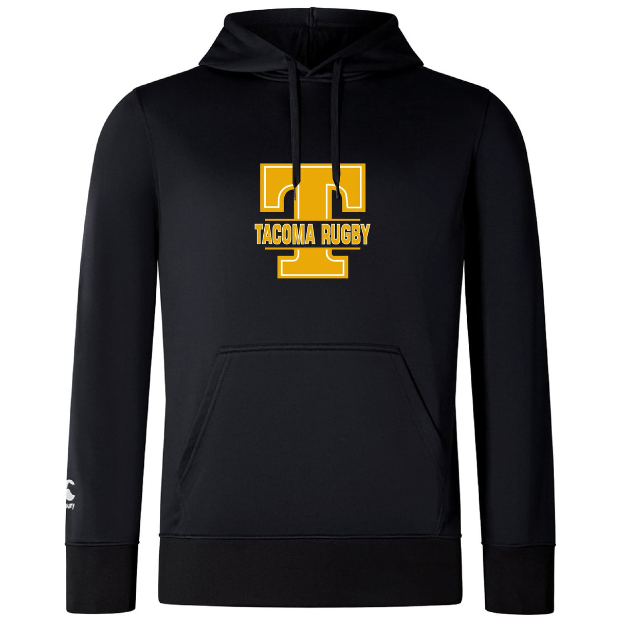 The Tacoma Tsunami Rugby Club Lightweight Hoodie by WRS Canterbury features a black design with a large yellow "T" and "Tacoma Rugby" on the front, plus a drawstring hood and front pocket.