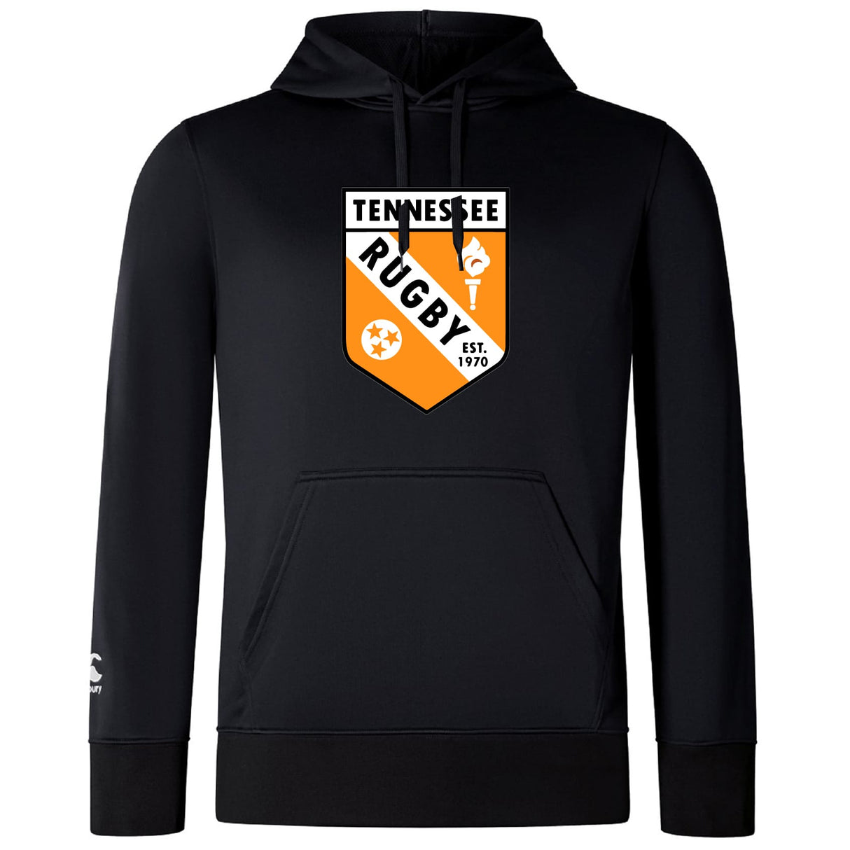 Stay cozy in the University of Tennessee Club Lightweight Hoodie by WRS Canterbury, featuring a bold Tennessee Rugby logo and "Tennessee Rugby Est. 1970" on the front—perfect for fans of Canterbury Club.