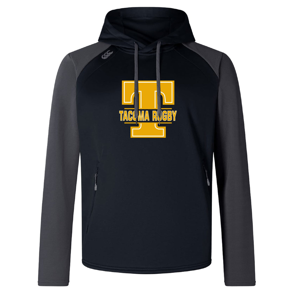 The Tacoma Tsunami Rugby Elite Training Hoody by WRS Canterbury features black and gray colors, "Tacoma Rugby," and a large yellow "T" on the front—a premium performance hoodie designed for comfort and style.