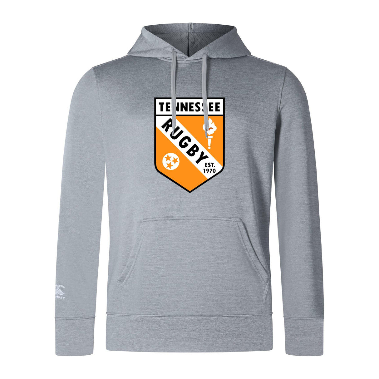 The University of Tennessee Club Lightweight Hoodie by WRS Canterbury features a light gray design, front “Tennessee Rugby” crest in black, white, and orange, "Est. 1970," two stars, and kangaroo pocket—perfect for any Club fan.