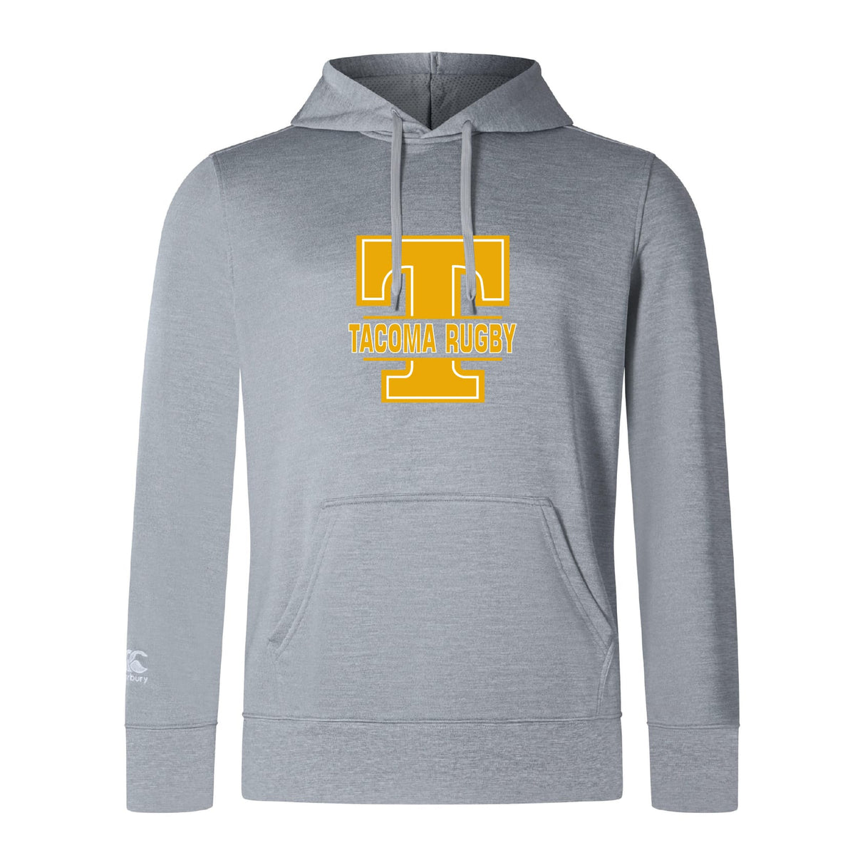 Show your support with the Tacoma Tsunami Rugby Club Lightweight Hoodie by WRS Canterbury, featuring a large yellow "T" and "Tacoma Rugby" on light gray fabric. Perfect for fans wanting a custom look.