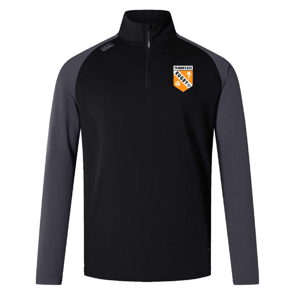 The University of Tennessee Elite First Layer by EMB Canterbury is a black quarter-zip rugby training top with dark gray sleeves and a “Tennessee Rugby” crest on the left chest.