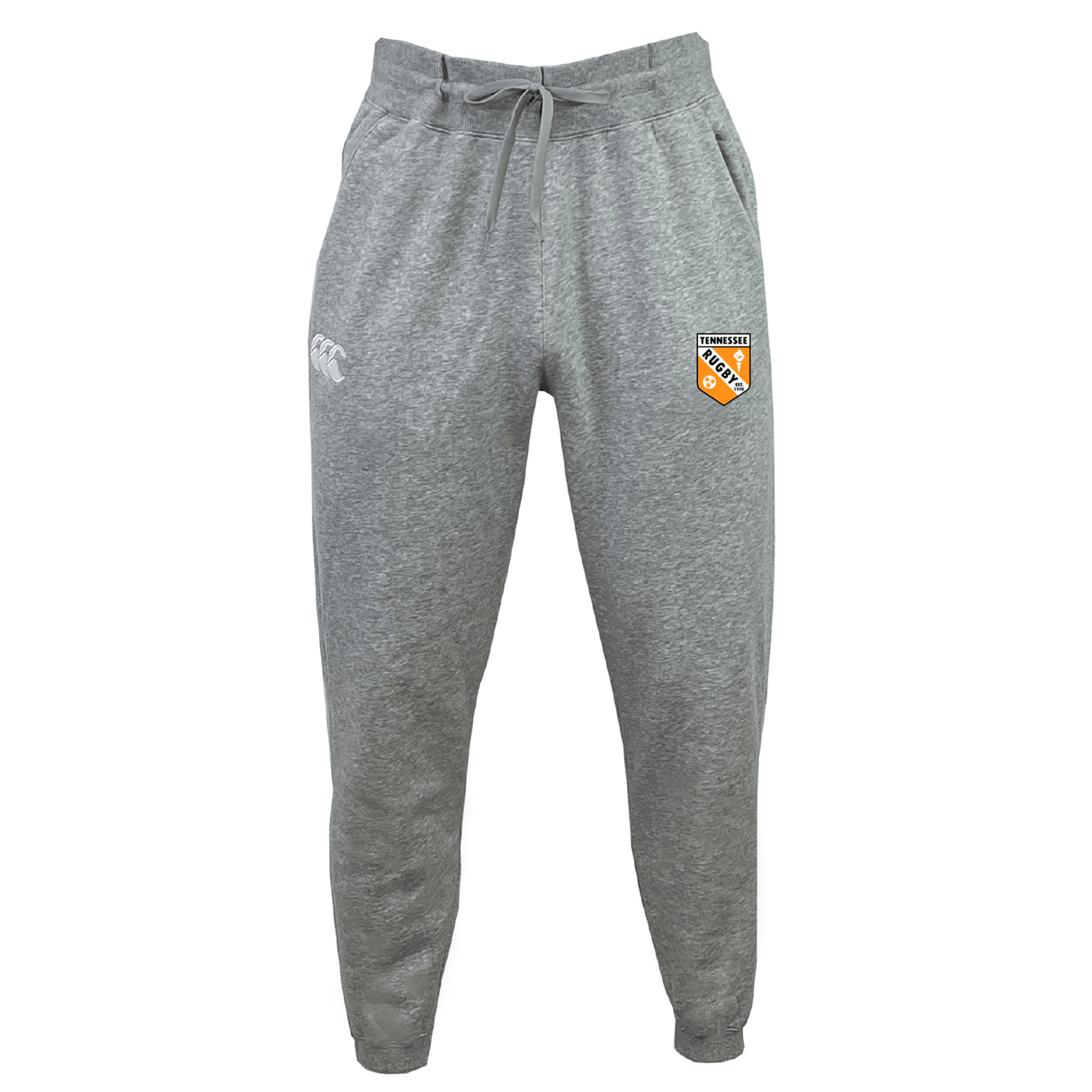 The EMB Canterbury University of Tennessee Leisure Sweatpant features a grey, sustainable fleece design with a drawstring waist, white left-thigh logo, and orange/black sports emblem on the right thigh for comfort and style.