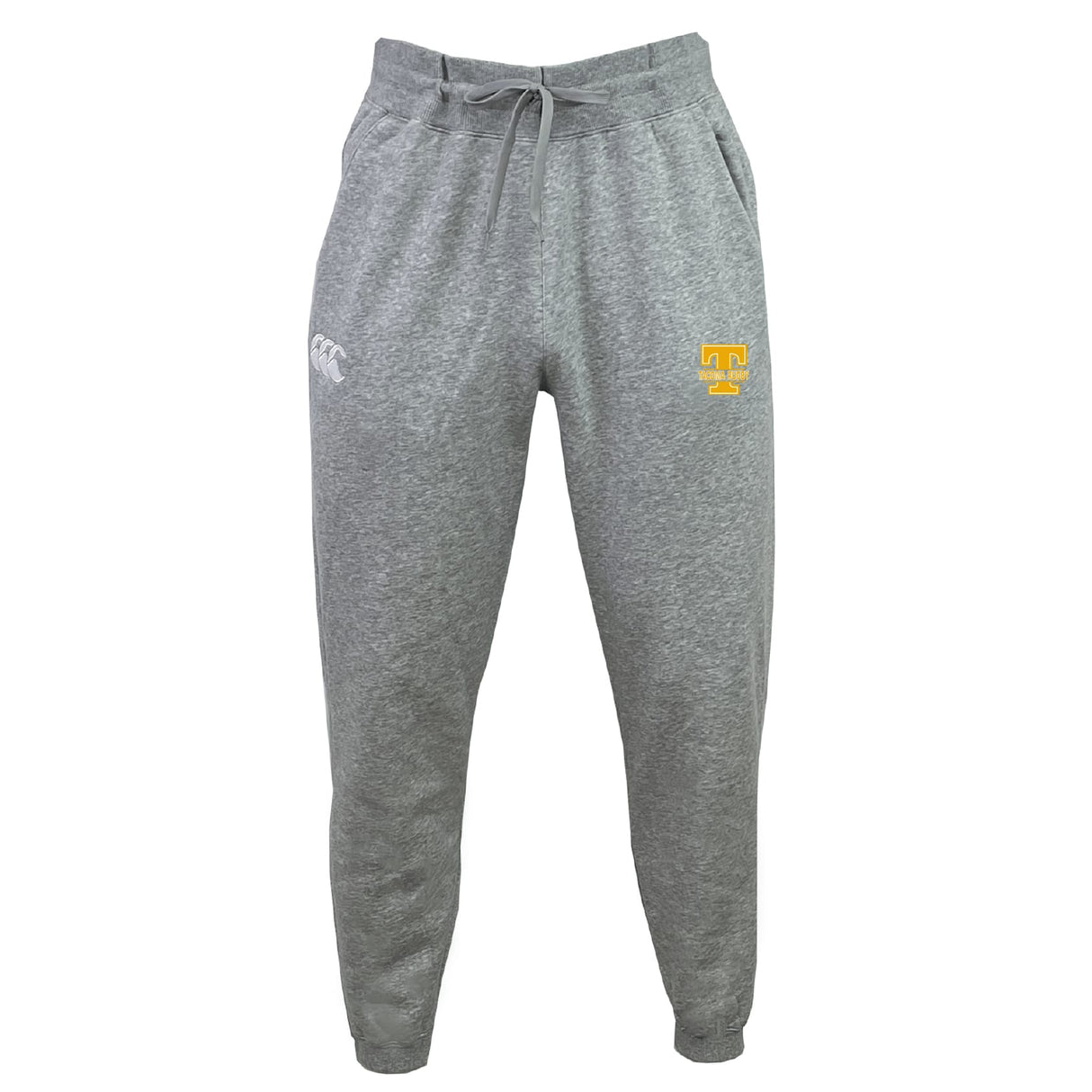 The Tacoma Tsunami Rugby Leisure Sweatpant by EMB Canterbury features a gray design with an elastic waistband, drawstring, and two upper-thigh logos (white and yellow). Made from soft organic cotton for all-day comfort.