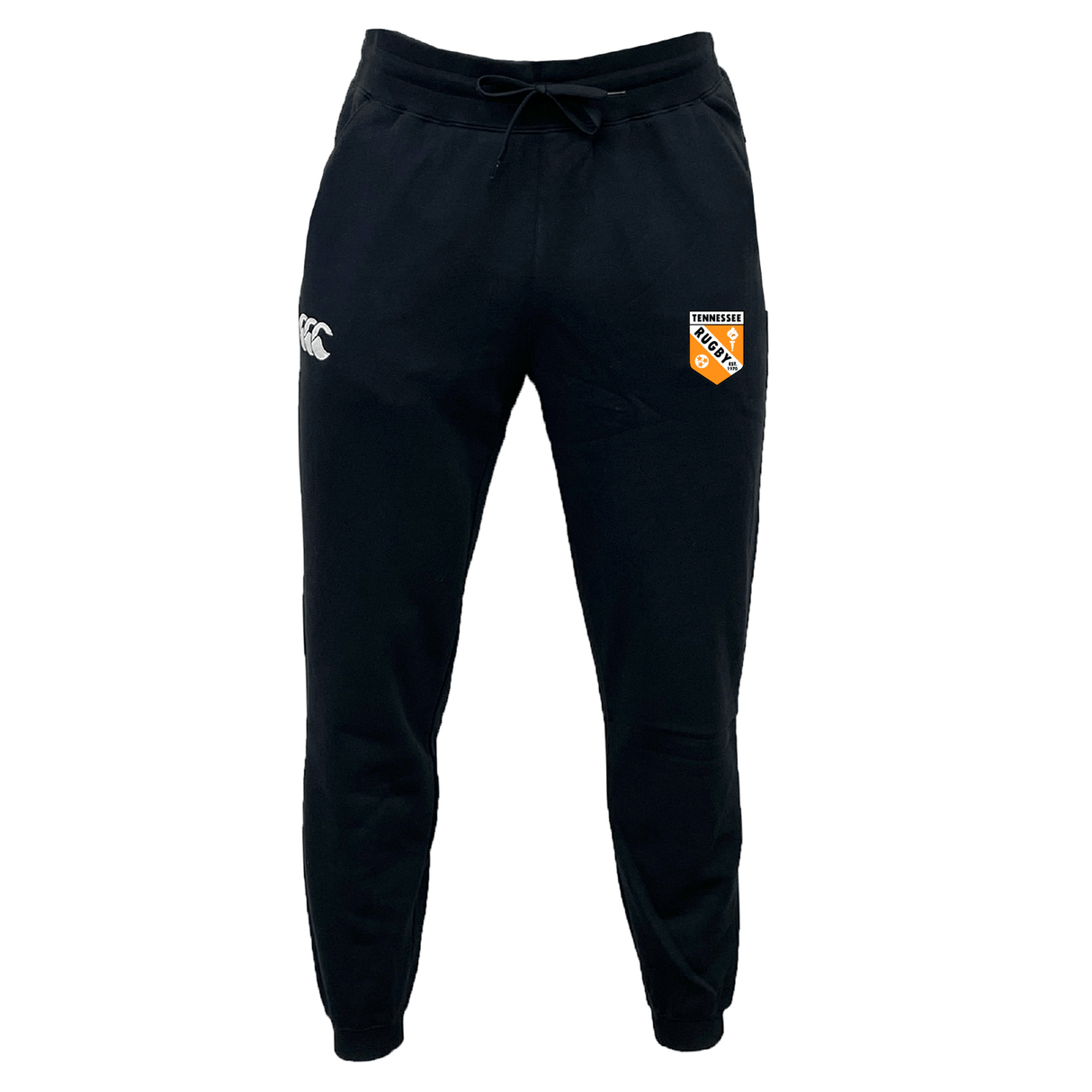 The University of Tennessee Leisure Sweatpant by EMB Canterbury features a white "CCC" logo on the left thigh, a colorful "Tennessee" badge on the right, and is crafted from sustainable fleece for comfort and style.