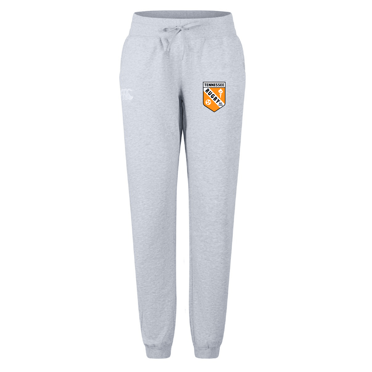 The University of Tennessee Women's Leisure Sweatpant by EMB Canterbury features light gray organic cotton, an elastic waistband with drawstring, and the Tennessee Soccer Club logo on the left thigh.