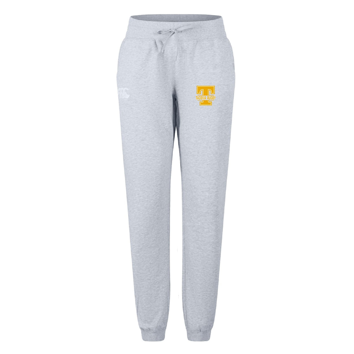 The Tacoma Tsunami Rugby Women's Leisure Sweatpant by EMB Canterbury features light gray fabric, a drawstring waist, and two front logos—a white logo on the left and a yellow and white "T" on the right—for everyday comfort.