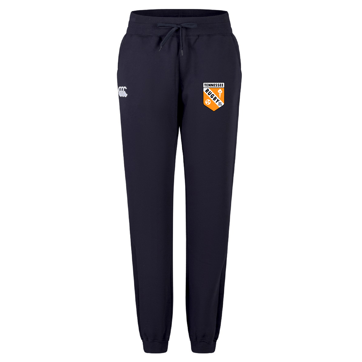 The University of Tennessee Women's Leisure Sweatpant by EMB Canterbury features a drawstring waist, white Canterbury logo on the left thigh, and a Tennessee Rugby badge on the right—perfect for leisure.