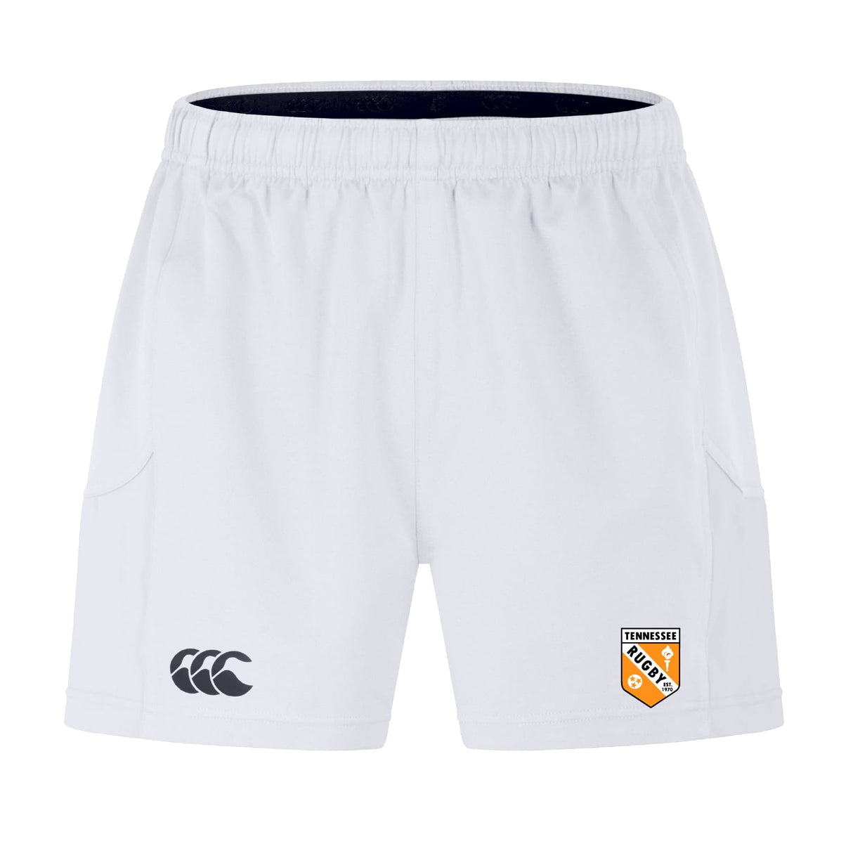 The University of Tennessee Advantage Short 2.0 by EMB Canterbury features the Canterbury logo on the left leg, the Tennessee Rugby club crest on the right, and is made with recycled content for sustainability.