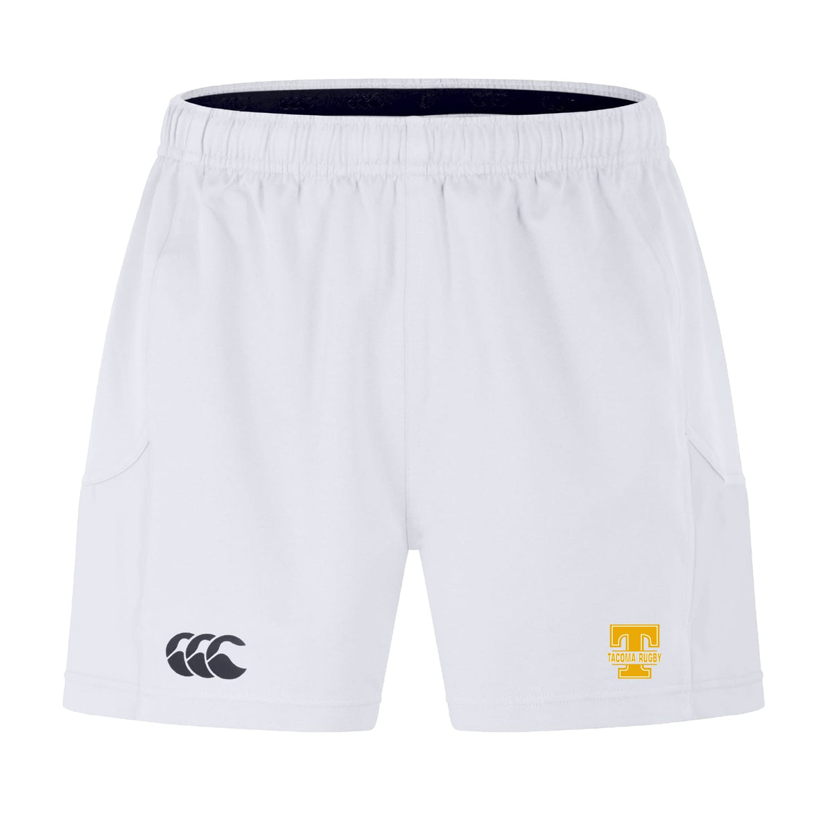 The EMB Canterbury Tacoma Tsunami Rugby Advantage Short 2.0 features the Canterbury logo on the left leg and a yellow "T" on the right—ideal performance training shorts for fans seeking sustainable sportswear.