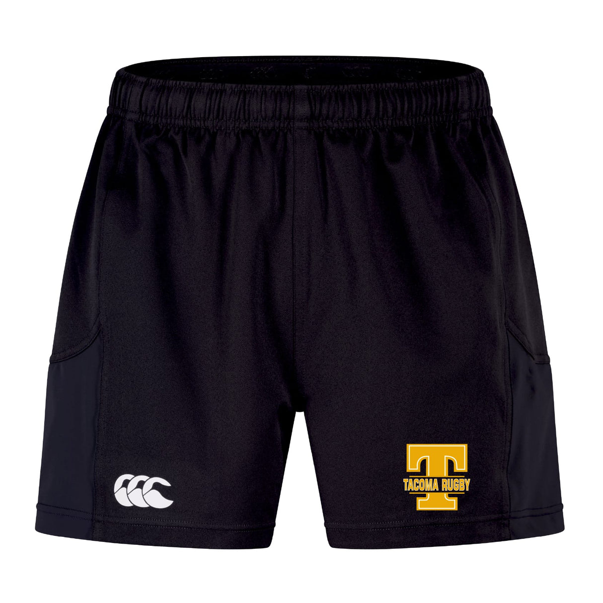 The Tacoma Tsunami Rugby Advantage Short 2.0 by EMB Canterbury features a black design, elastic waistband, white Canterbury logo on the left leg, and yellow "Tacoma Rugby" emblem on the right—ideal for sustainable sportswear fans.