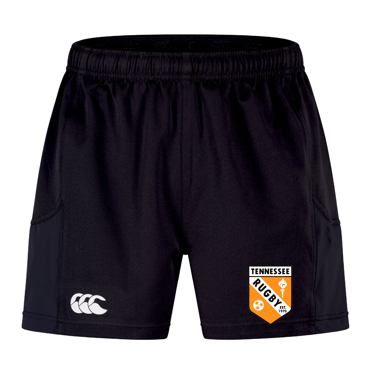 The University of Tennessee Advantage Short 2.0 by EMB Canterbury features black performance fabric, a Canterbury logo on the left leg, the Tennessee Rugby club crest on the right, and is made with recycled content for comfort and sustainability.