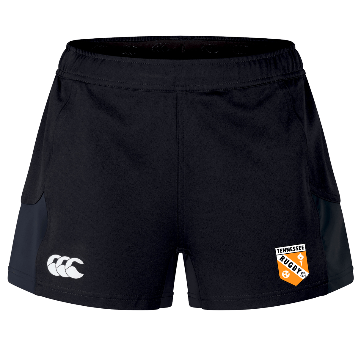 The EMB Canterbury University of Tennessee Women's Advantage Short 2.0 features a white Canterbury logo on the left leg and a Tennessee Rugby badge on the right—ideal rugby shorts for both training and matches.
