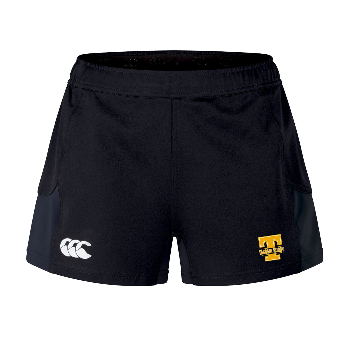 The Tacoma Tsunami Rugby Women's Advantage Short 2.0 by EMB Canterbury features a white Canterbury logo on the left and a yellow "T" Technical Rugby patch on the right.