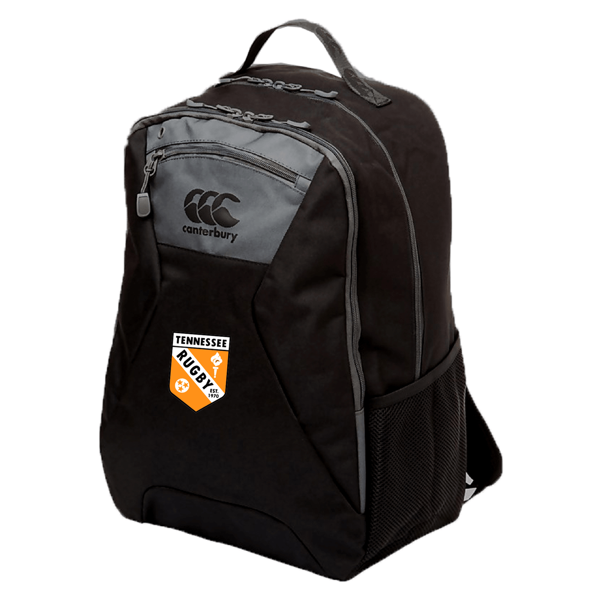 The University of Tennessee Medium Backpack by EMB Canterbury features a zippered front pocket, mesh side pocket, padded laptop pocket, and a "Tennessee Rugby" patch on the front.