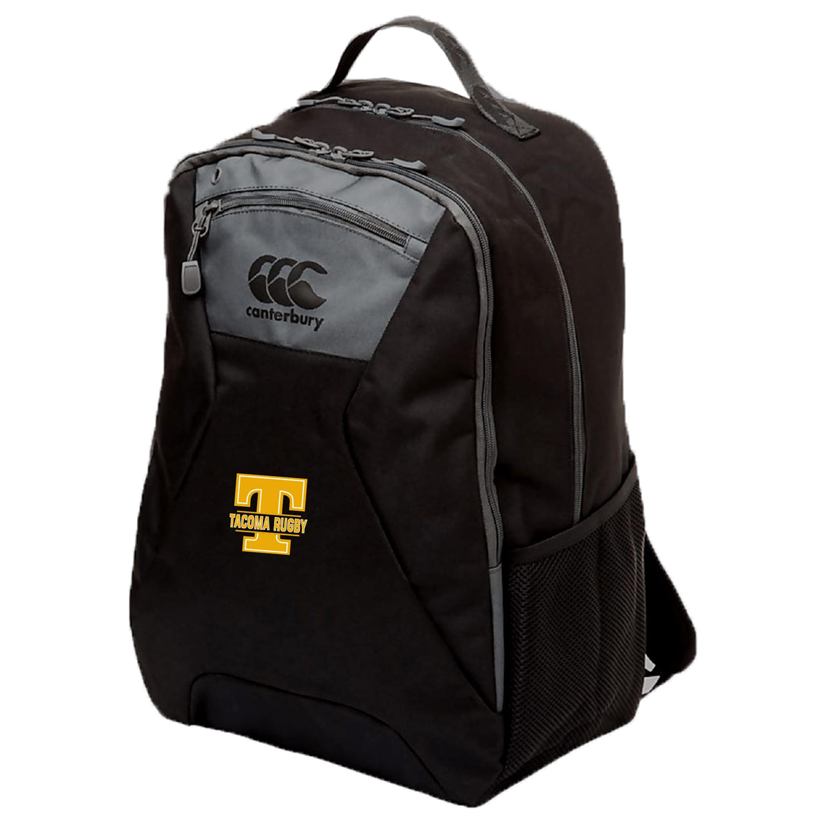 The EMB Canterbury Tacoma Tsunami Rugby Medium Backpack features gray accents, a mesh side pocket, water-repellent fabric, and a "Tacoma Rugby" logo with a yellow "T"—perfect for carrying your athletic gear.