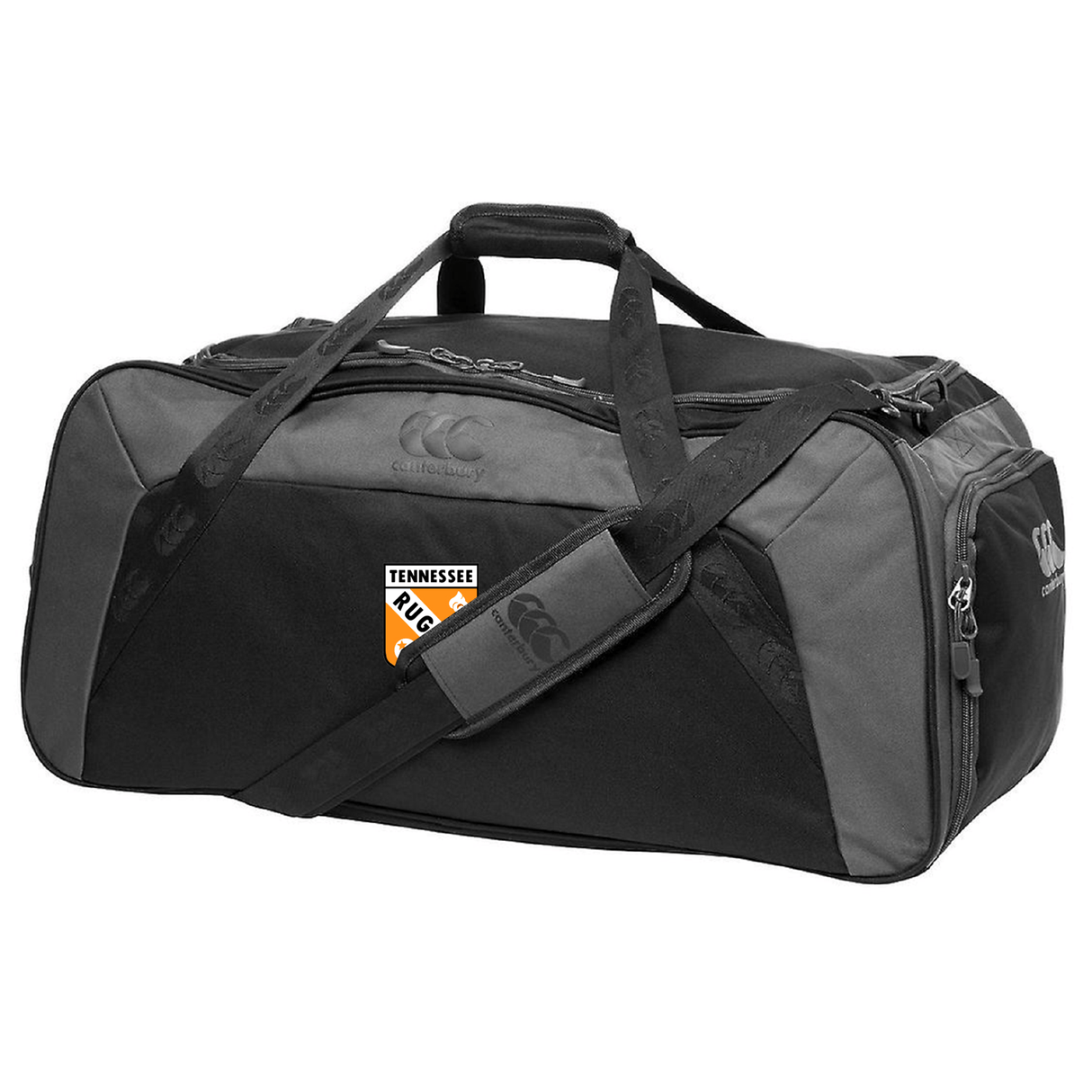 The EMB Canterbury University of Tennessee Holdall Duffle Bag features black and gray colors, handles, shoulder strap, and a "Tennessee Rugby" patch—ideal for organizing rugby gear.