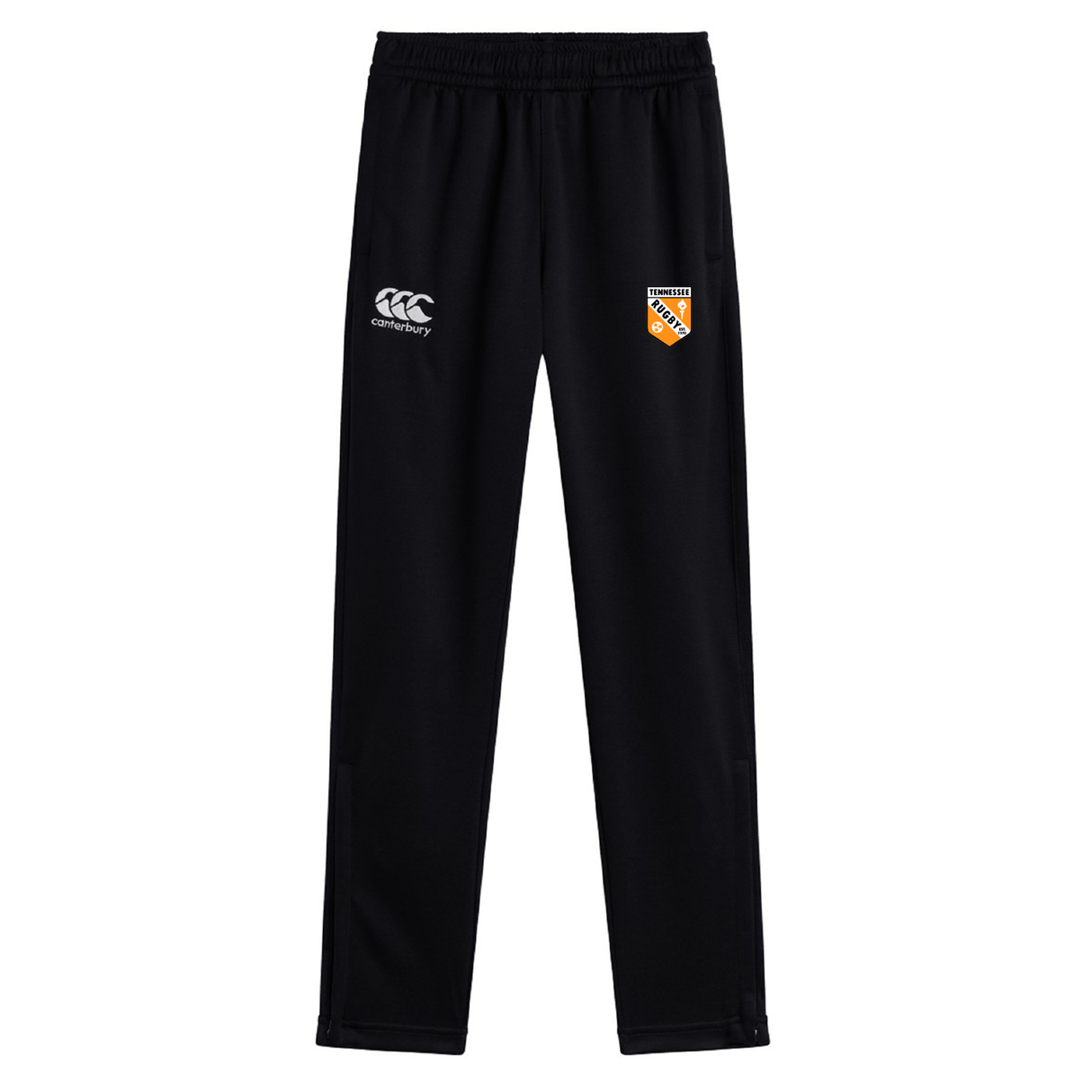 The University of Tennessee Stretch Tapered Pant by EMB Canterbury features an elastic waistband, quick dry fabric, white Canterbury logo left leg, and orange-black crest right thigh—ideal men's workout track pants.