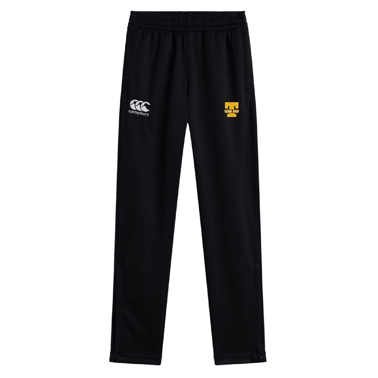 The EMB Canterbury Tacoma Tsunami Rugby Stretch Tapered Pant features an elastic waistband, white Canterbury logo, yellow "T" emblem, and quick-dry comfort—ideal men’s workout pants for any training session.