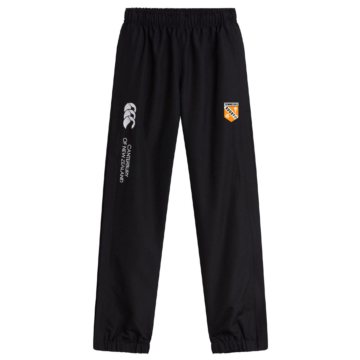 The University of Tennessee Cuffed Hem Stadium Pant by EMB Canterbury features an elastic waistband and cuffs, a white Canterbury logo, and a multicolor badge for sporty style and comfort. Perfect for sport or leisure.
