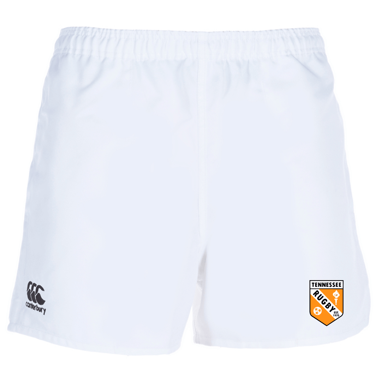 The University of Tennessee Professional Polyester Rugby Short by EMB Canterbury features durable polyester, the EMB Canterbury logo on the left, and the Tennessee Rugby shield on the right.