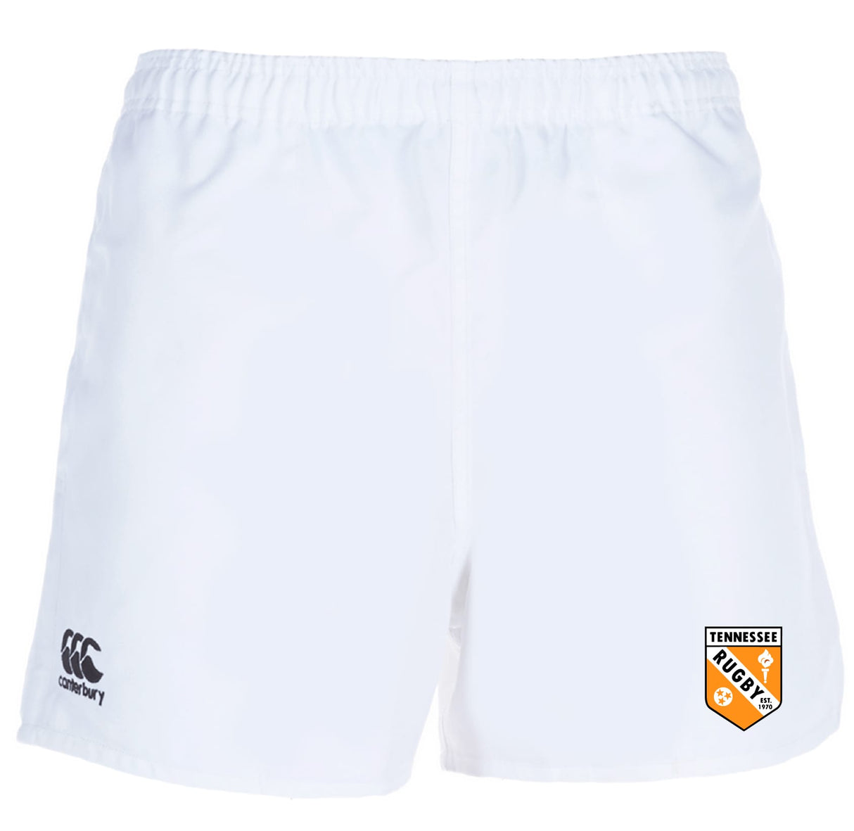 The University of Tennessee Advantage Rugby Shorts by EMB Canterbury feature the Canterbury logo on the left, Tennessee Rugby logo on the right, and deliver classic style with moisture-wicking comfort for top rugby performance.