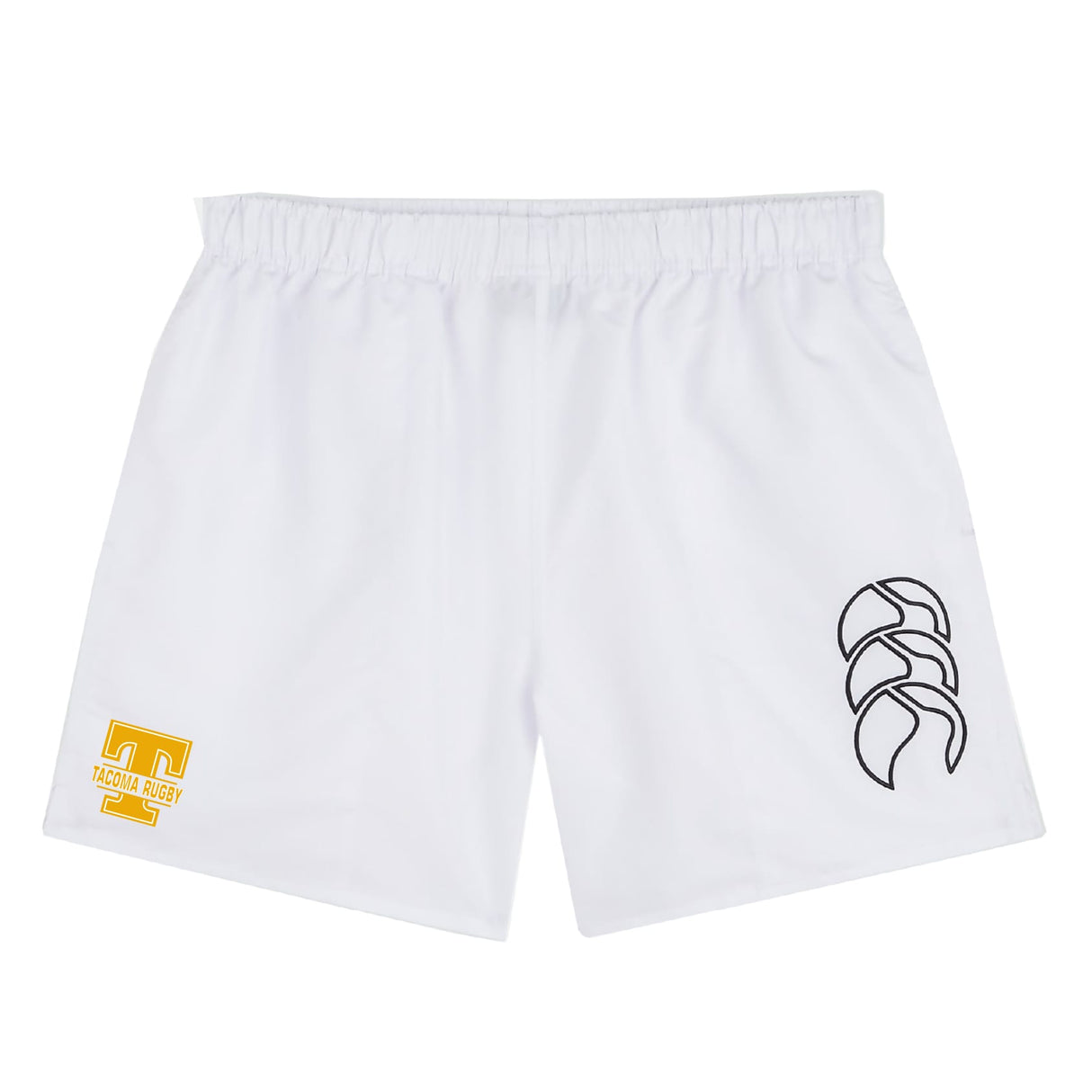 The Tacoma Tsunami Rugby Tactic Short by EMB Canterbury features a yellow "Tactical Rugby" logo on the left leg and a black graphic on the right—perfect for gym training or as stylish Canterbury shorts.