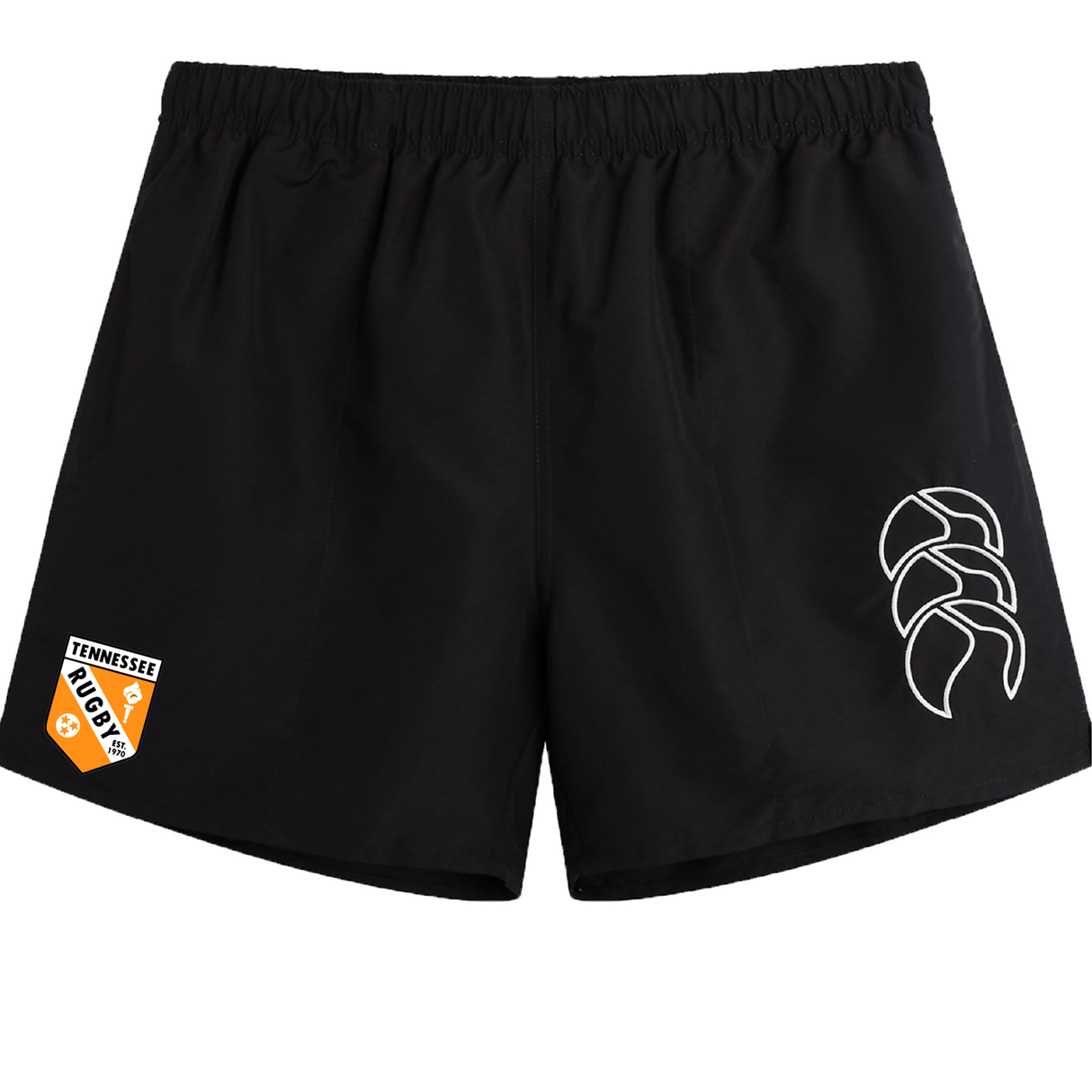 The University of Tennessee Tactic Short by EMB Canterbury features an elastic waistband, the Tennessee Rugby logo on the left leg, and a white Canterbury brand logo on the right. Ideal men’s shorts for lightweight, comfortable rugby training.