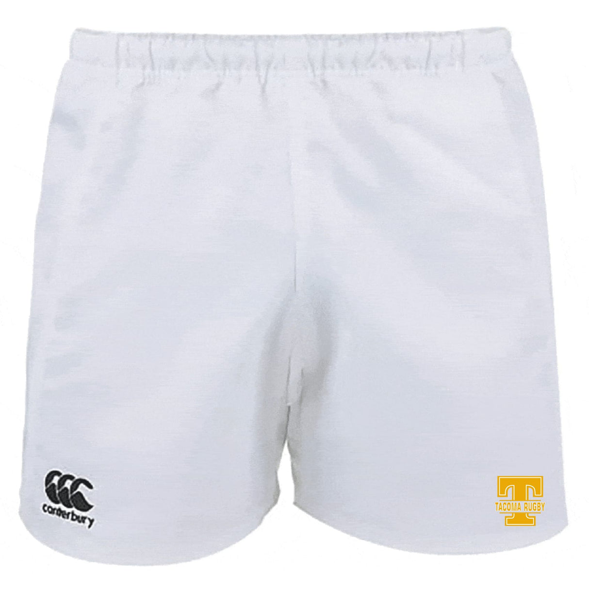 The Tacoma Tsunami Rugby Professional Polyester Rugby Short by EMB Canterbury features white polyester fabric, an elastic waistband, the Canterbury logo on the left leg, and a yellow Tacoma Rugby logo on the right leg.