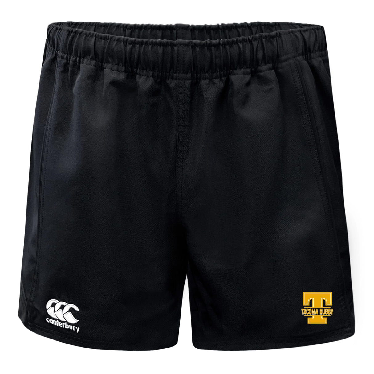 Tacoma Tsunami Rugby Advantage Rugby Shorts by EMB Canterbury feature an elastic waistband, a white Canterbury logo on the left leg, and a yellow Tacoma Rugby emblem on the right. Designed for rugby durability and performance.