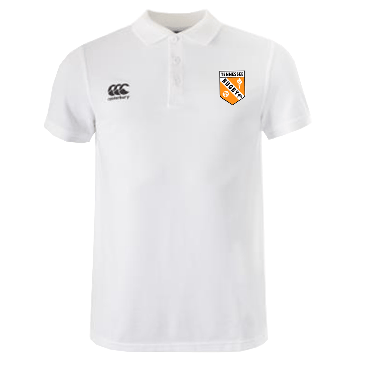 The University of Tennessee Waimak Polo by EMB Canterbury is a white short-sleeve men’s rugby shirt with a "Canterbury" logo on the right chest and "Tennessee Rugby" badge on the left.