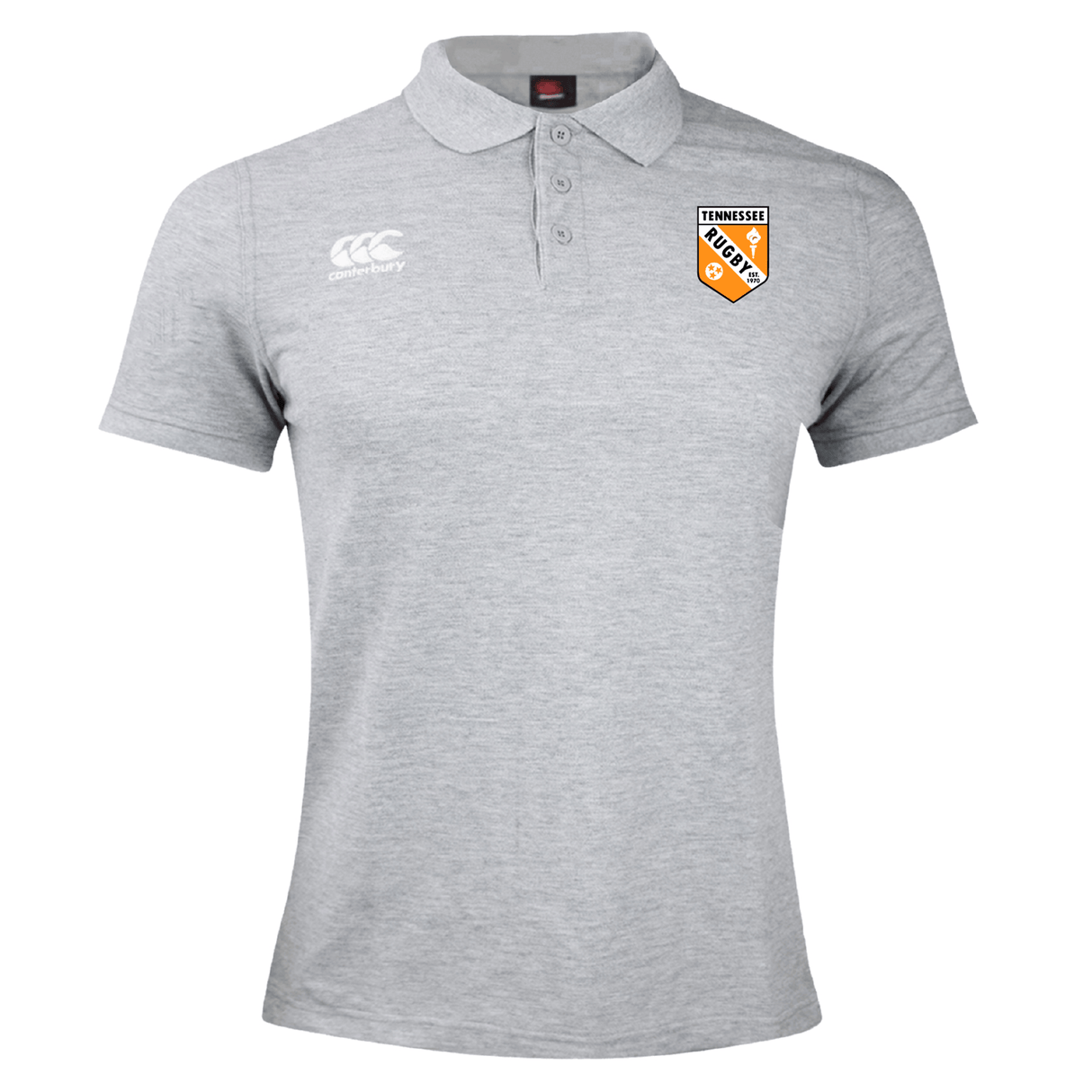 The EMB Canterbury University of Tennessee Waimak Polo is a light gray men’s rugby shirt with a collar, white Canterbury logo on the right chest, and Tennessee Tigers badge on the left—perfect for fans of classic rugby style.