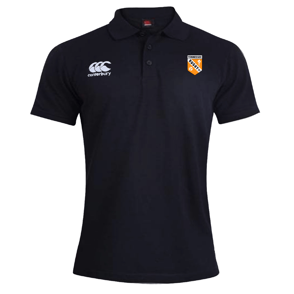 Black University of Tennessee Waimak Polo by EMB Canterbury with short sleeves, Canterbury logo on the right chest, and a "CENTAURS RUGBY" shield badge on the left. Classic rugby shirt style inspired by the Waimak Rugby Polo.