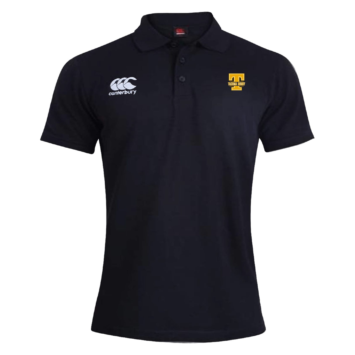The EMB Canterbury Tacoma Tsunami Rugby Waimak Polo is a black short-sleeve men's polo with a collar, featuring a white Canterbury logo and yellow "T High Lions" crest—combining classic style and comfort for rugby fans.