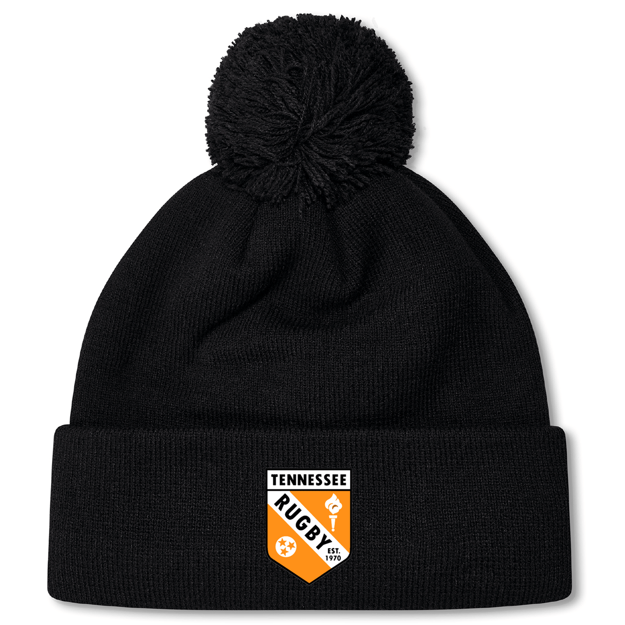 The University of Tennessee Pom Pom Beanie by EMB Canterbury features a black knit design, fleece lining for warmth, a pom-pom top, and a "Tennessee Rugby" crest logo on the front cuff.