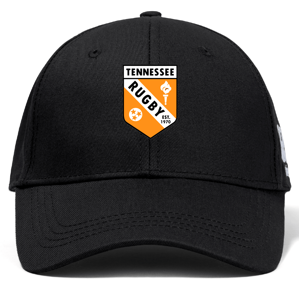 The University of Tennessee Flexfit Drill Cap by EMB Canterbury is a black cap with an embroidered "Tennessee Rugby" logo and an orange and white shield emblem on the front.