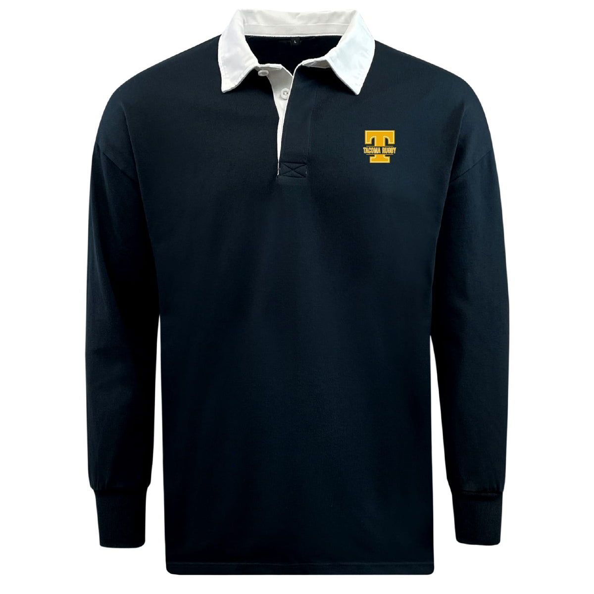 The EMB Mudoo Tacoma Tsunami Rugby Classic Long Sleeve Solid Rugby Jersey features a navy body, white collar, and a "T" logo with "Tackle Rugby" text on the left chest.