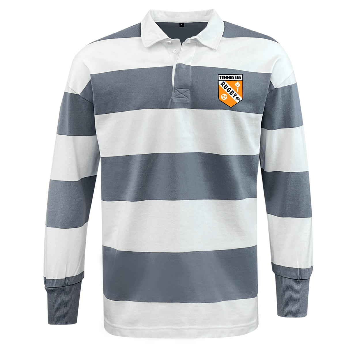 The EMB Mudoo University of Tennessee Classic Long Sleeve Hooped Rugby Jersey features bold gray and white stripes with a "Tennessee Rugby" chest logo, blending vintage style and team pride.